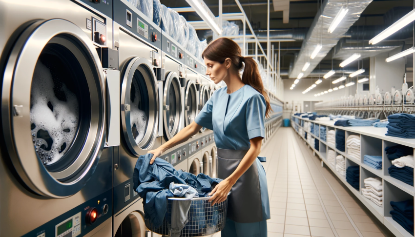 kobieta pracująca w profesjonalnej pralni odzieży roboczej wkładająca pranie do pralki